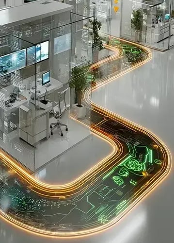 An office with a futuristic walkway