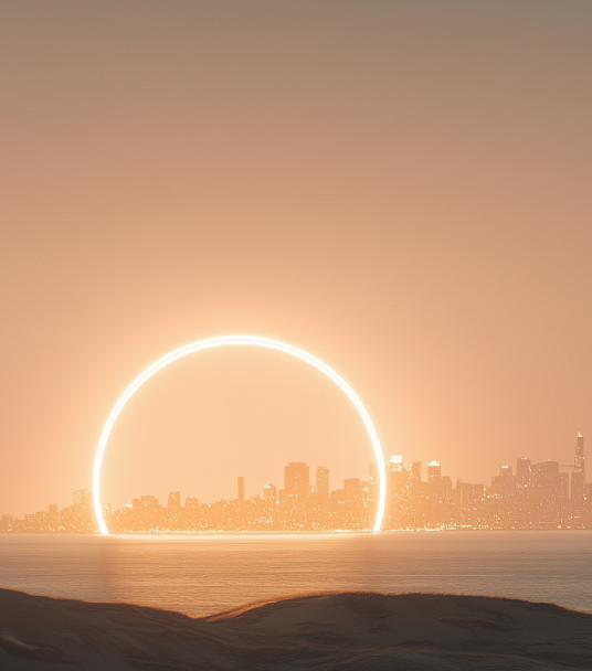 A city with an orange circle 