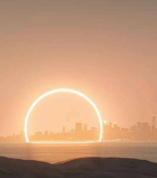 A city with an orange circle 