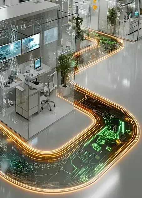 An office with a futuristic walkway