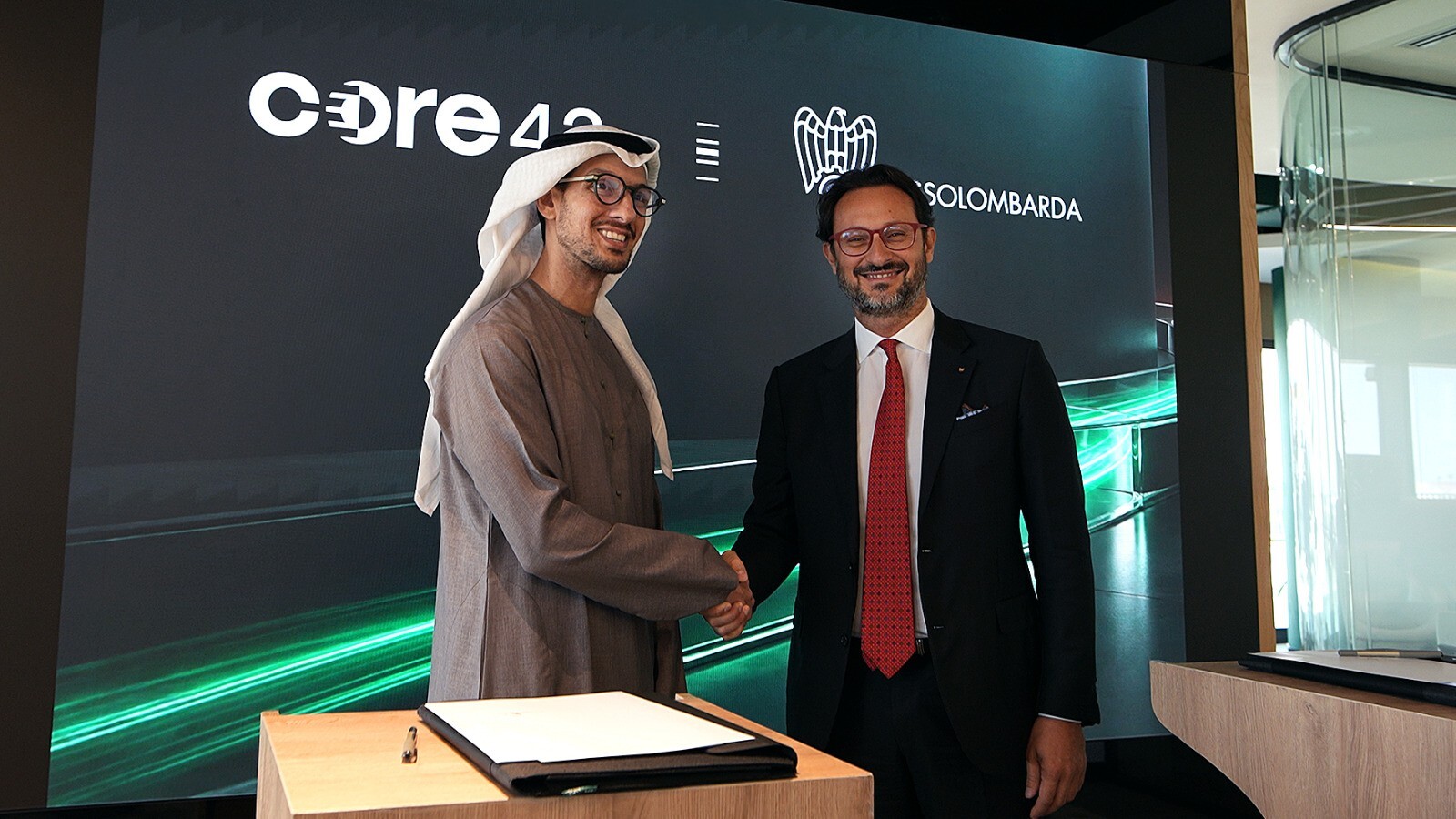Core42 x Assolombarda MoU signing in Abu Dhabi Talal M. Al Kaissi, Chief Executive Officer, Core42 and Alvise Biffi, President of Assolombarda