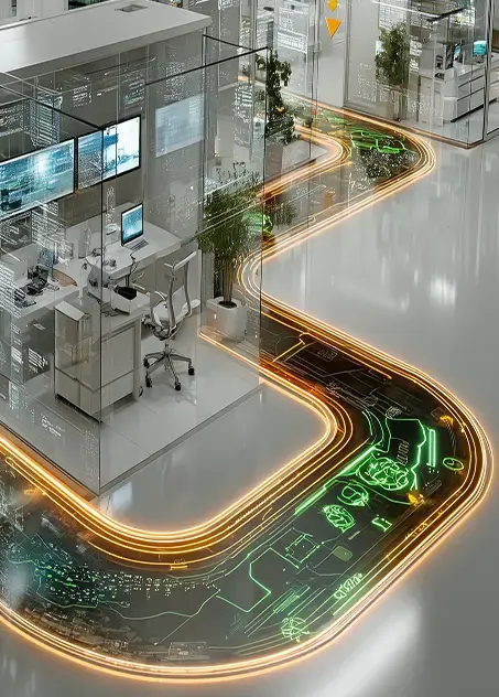 An office with a futuristic walkway